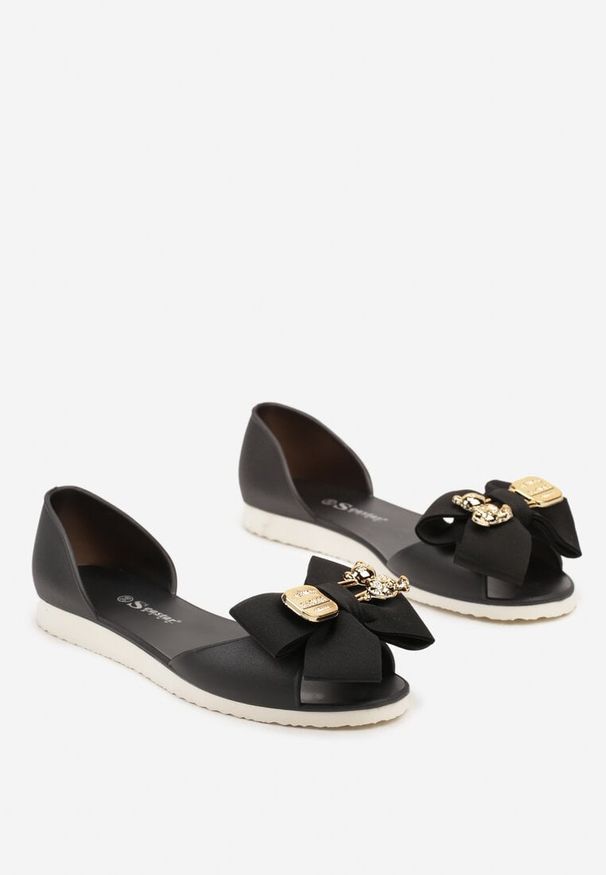 Renee - Czarne Meliski Balerinki Wsuwane z Aplikacjami i Kokardą Aurbea. Okazja: na co dzień. Zapięcie: bez zapięcia. Kolor: czarny. Wzór: aplikacja. Obcas: na obcasie. Styl: elegancki, casual. Wysokość obcasa: niski
