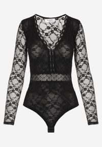 Born2be - Czarne Koronkowe Body z Długimi Rękawami i Ozdobnym Dekoltem Nefunia. Kolor: czarny. Materiał: koronka. Długość rękawa: długi rękaw. Długość: długie #3