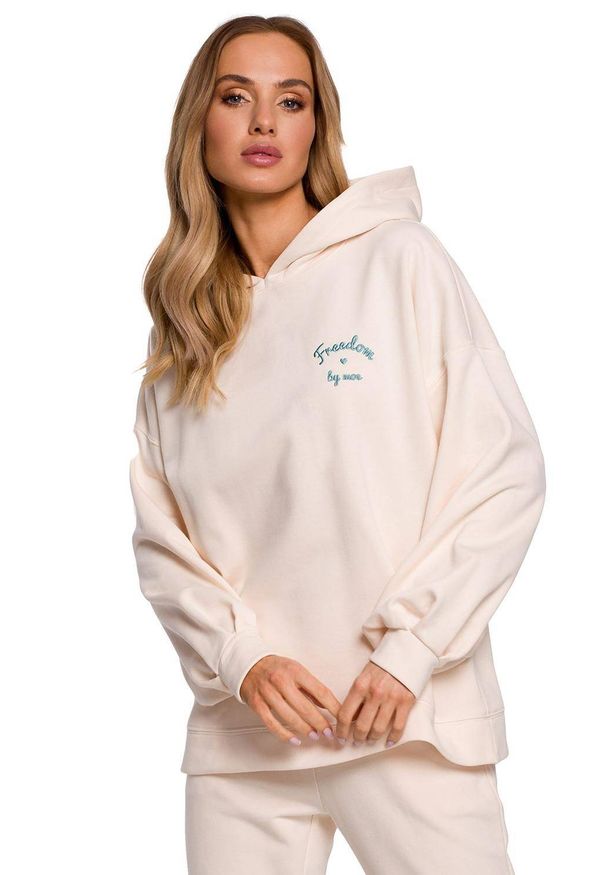 Produkt Polski - Hoodie bluza damska oversize z kapturem kremowa. Typ kołnierza: kaptur. Kolor: kremowy. Materiał: dzianina, bawełna. Długość: długie. Wzór: haft