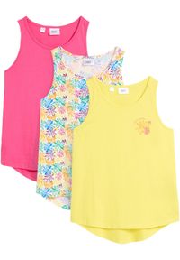 bonprix - Top dziewczęcy (3 szt.) z dżerseju z bawełny organicznej. Kolor: żółty. Materiał: jersey, bawełna. Wzór: nadruk. Sezon: lato #1