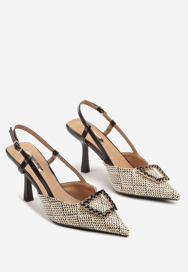 Born2be - Beżowo-Czarne Szpilki Sling-Back z Motywem Plecionki z Metaliczną Ozdobą Siltina. Kolor: beżowy. Wzór: aplikacja. Obcas: na szpilce. Styl: elegancki