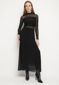 Born2be - Czarna Siateczkowa Sukienka Rozkloszowana Longsleeve z Domieszką Wiskozy Eprela. Okazja: na randkę. Kolor: czarny. Materiał: wiskoza. Długość rękawa: długi rękaw. Typ sukienki: rozkloszowane. Styl: klasyczny #2