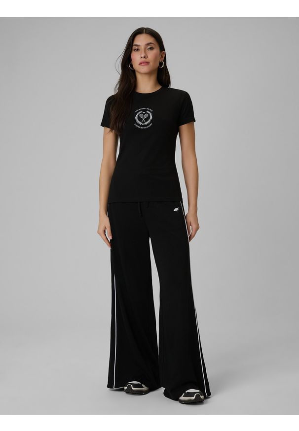 4f - 4F T-shirt slim z nadrukiem damski - czarny L. Okazja: na co dzień, na spacer. Kolor: czarny. Materiał: materiał, bawełna, jeans. Wzór: nadruk. Styl: casual