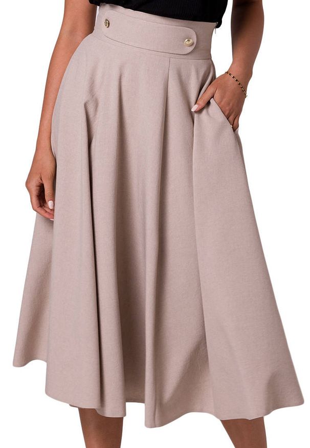 Sukienki.shop - Rozkloszowana spódnica z wysokim stanem i kieszeniami beżowa. Stan: podwyższony. Kolor: beżowy. Styl: elegancki