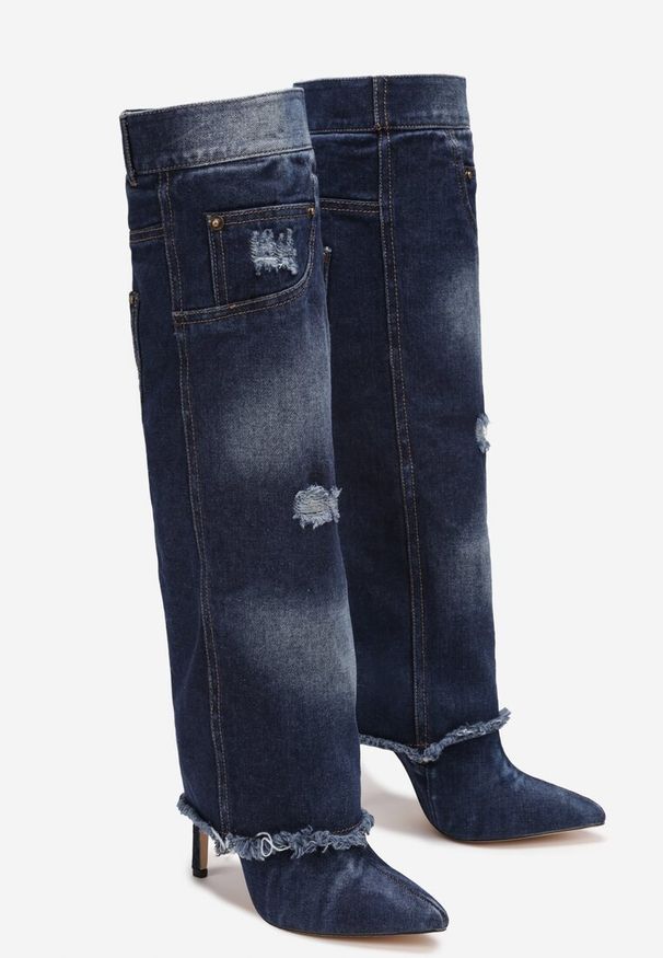 Renee - Niebieskie Kozaki Na Szpilce z Jeansu Ozdobione Przetarciami i Dziurami Cikase. Kolor: niebieski. Materiał: jeans. Szerokość cholewki: normalna. Wzór: aplikacja. Obcas: na szpilce