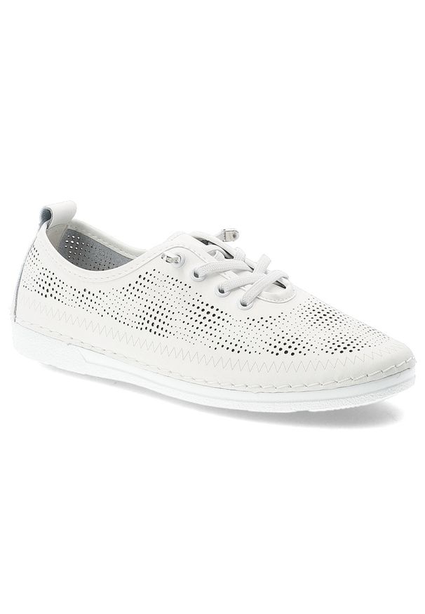 Półbuty damskie S.Barski, ze skóry naturalnej licowej ażurowa cholewka sznurowanie lekka podeszwa casual, białe, LR61-7083. Okazja: na co dzień. Zapięcie: sznurówki. Kolor: biały. Materiał: skóra. Szerokość cholewki: normalna. Wzór: ażurowy. Styl: casual
