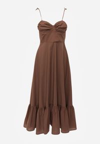 Born2be - Brązowa Bawełniana Sukienka o Rozkloszowanym Kroju na Wiązanych Ramiączkach Milalisa. Okazja: na co dzień. Typ kołnierza: dekolt gorset. Kolor: brązowy. Materiał: bawełna. Długość rękawa: na ramiączkach. Typ sukienki: gorsetowe. Styl: casual, klasyczny #2