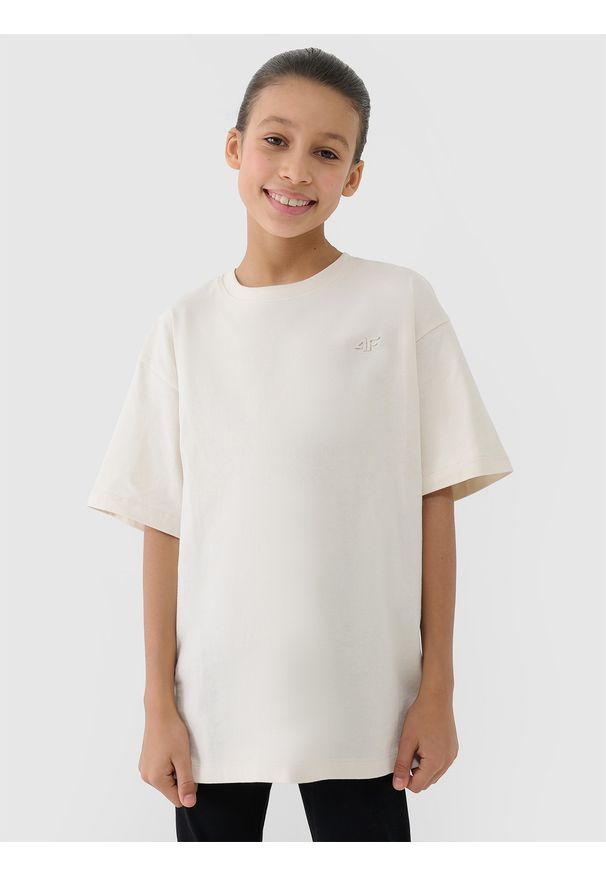 4f - 4F T-shirt oversize gładki dziewczęcy - beżowy 158 (12-13 lat). Okazja: na co dzień. Kolor: beżowy. Materiał: dzianina, jersey, bawełna. Wzór: gładki. Sezon: lato. Styl: casual, klasyczny, sportowy