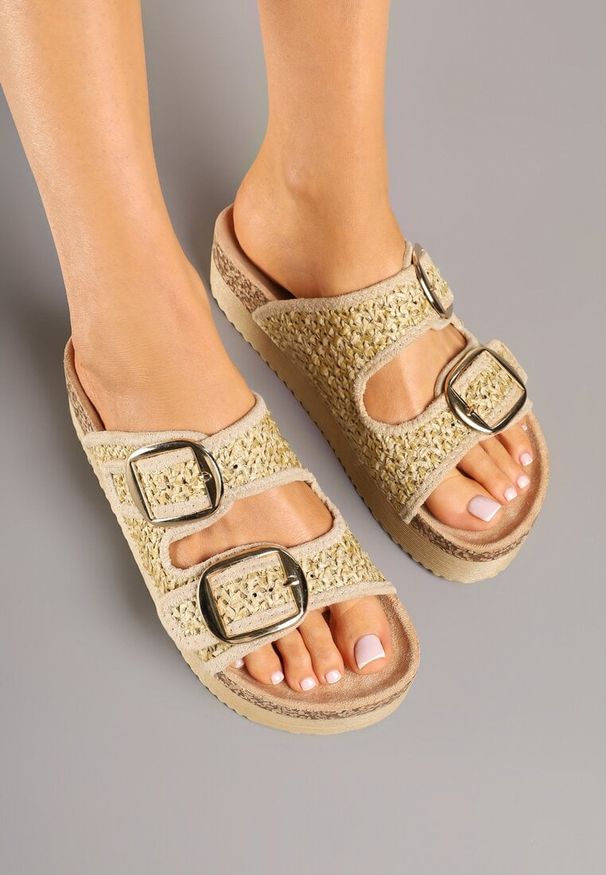 Born2be - Beżowe Klapki na Grubej Podeszwie z Szydełkową Cholewką z Klamrami Redeavelle. Okazja: na co dzień. Kolor: beżowy. Materiał: len. Styl: elegancki, casual