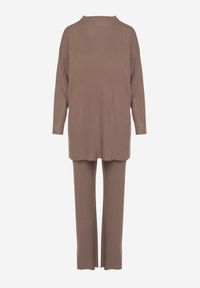 Born2be - Ciemnobeżowy Prążkowany Komplet Dzianinowy z Bawełną Sweter z Półgolfem i Spodnie Elweda. Kolor: beżowy. Materiał: prążkowany, bawełna, dzianina #3