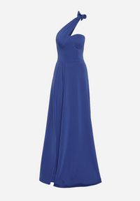 Born2be - Granatowa Rozkloszowana Sukienka z Asymetryczną Górą i Wiązaniem na Ramieniu z Rozcięciem Efirey. Kolor: niebieski. Materiał: tkanina. Typ sukienki: asymetryczne #3