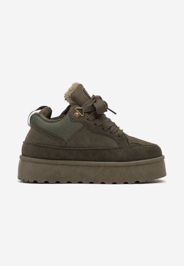 Renee - Ciemnozielone Sneakersy na Niskiej Platformie Mocno Ocieplane Tifilie. Okazja: na co dzień. Nosek buta: okrągły. Zapięcie: sznurówki. Kolor: zielony. Materiał: jeans, futro. Sezon: zima. Obcas: na platformie. Wysokość obcasa: niski