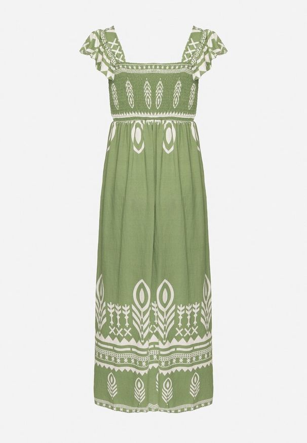 Born2be - Zielona Sukienka z Wiskozy o Rozkloszowanym Kroju w Ornamentalny Wzór Lisolira. Okazja: na spacer, na imprezę, na co dzień. Typ kołnierza: kołnierz z falbankami, dekolt kwadratowy. Kolor: zielony. Materiał: wiskoza. Długość rękawa: na ramiączkach. Sezon: lato. Styl: casual, elegancki