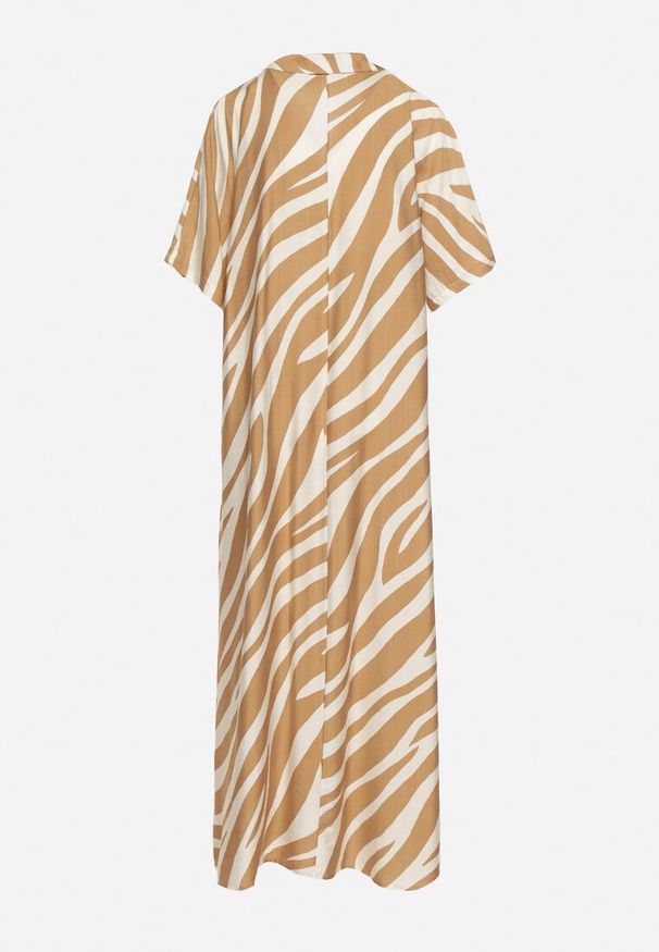 Born2be - Beżowa Rozkloszowana Sukienka Zapinana na Guziki z Rękawami Typu Nietoperz Rodmala. Okazja: na co dzień. Kolor: beżowy. Materiał: materiał. Wzór: motyw zwierzęcy, paski, aplikacja. Sezon: lato. Styl: casual