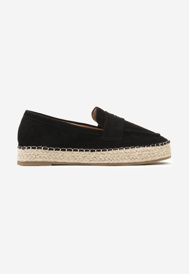 Renee - Czarne Wsuwane Espadryle z Imitacji Zamszu z Przeszyciami na Plecionej Podeszwie Newelo. Zapięcie: bez zapięcia. Kolor: czarny. Materiał: zamsz. Sezon: lato. Styl: klasyczny, elegancki
