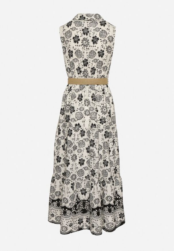 Born2be - Czarna Bawełniana Sukienka o Koszulowym Kroju Bez Rękawów z Paskiem Mirulenia. Okazja: na co dzień. Typ kołnierza: dekolt w kształcie V. Kolor: czarny. Materiał: bawełna. Długość rękawa: bez rękawów. Wzór: aplikacja, haft, kwiaty. Typ sukienki: koszulowe. Styl: casual