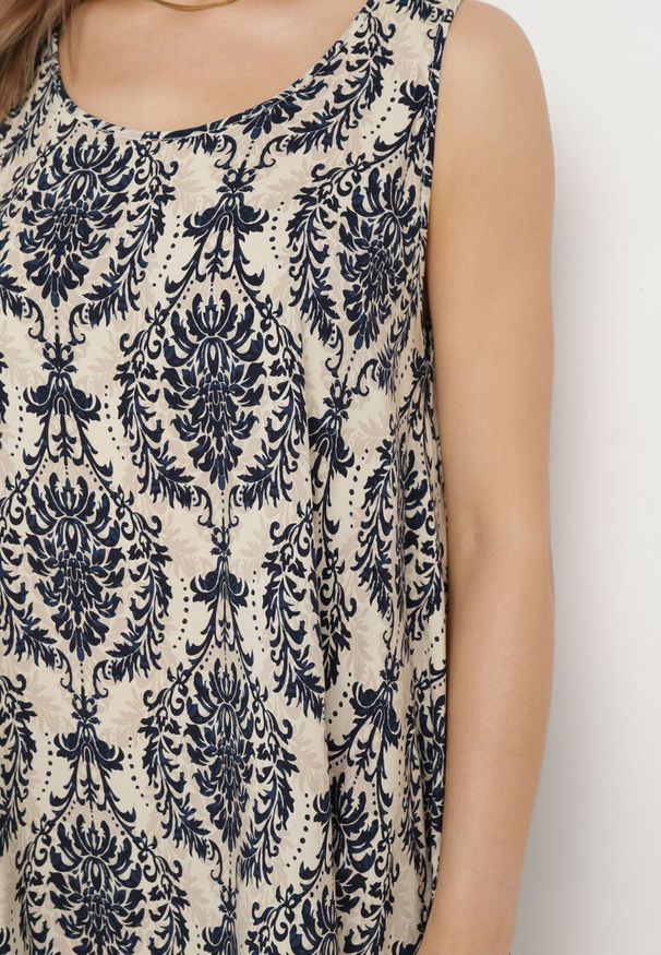 Born2be - Beżowo-Granatowa Rozkloszowana Sukienka z Bawełny bez Rękawów Horrilla. Kolor: beżowy. Materiał: bawełna. Długość rękawa: bez rękawów. Sezon: lato. Styl: boho