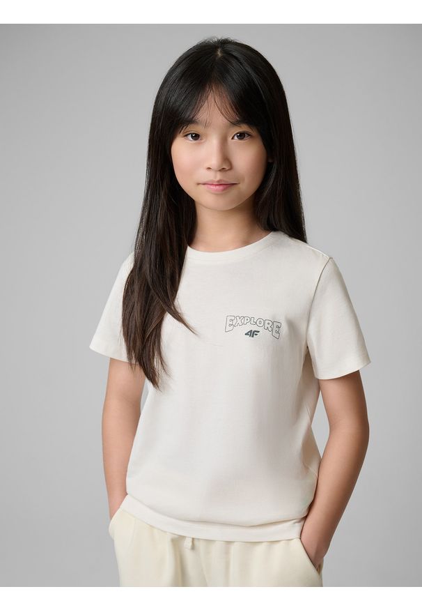 4f - 4F T-shirt regular z nadrukiem dziewczęcy - biały 158 (12-13 lat). Okazja: na co dzień, na spacer, na uczelnię. Kolor: biały. Materiał: bawełna, materiał, dzianina, jeans, skóra. Wzór: nadruk. Sezon: lato. Styl: klasyczny, casual