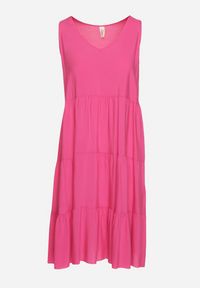 Born2be - Fuksjowa Rozkloszowana Sukienka z Bawełny na Ramiączkach Zasea. Okazja: na co dzień, na randkę. Typ kołnierza: dekolt w kształcie V. Kolor: różowy. Materiał: bawełna. Długość rękawa: na ramiączkach. Styl: casual, elegancki #7