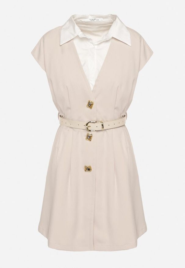 Born2be - Jasnobeżowa Wiskozowa Sukienka Rozkloszowana z Koszulowym Kołnierzykiem i Paskiem Aluella. Okazja: na co dzień, na spotkanie biznesowe. Typ kołnierza: kołnierzyk koszulowy. Kolor: beżowy. Materiał: wiskoza. Długość rękawa: krótki rękaw. Typ sukienki: koszulowe. Styl: casual, elegancki, biznesowy