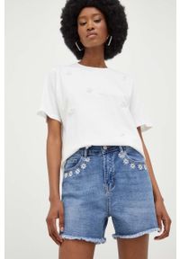 Answear Lab szorty jeansowe damskie kolor niebieski z aplikacją high waist. Stan: podwyższony. Kolor: niebieski. Materiał: jeans. Wzór: aplikacja. Styl: wakacyjny #1