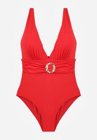 Born2be - Czerwony Jednoczęściowy Strój Kąpielowy z Marszczeniem i Imitacją Paska z Klamrą Tinryss. Kolekcja: plus size. Kolor: czerwony. Długość: długie #5