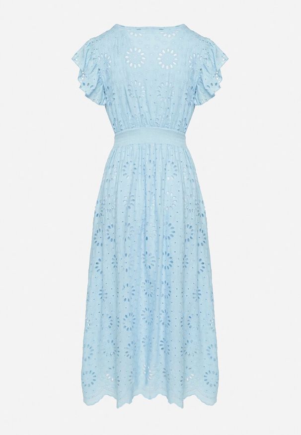 Born2be - Niebieska Ażurowa Sukienka z Kopertowym Dekoltem i Bufiastymi Rękawami Ldivane. Okazja: na imprezę, na co dzień. Kolor: niebieski. Wzór: ażurowy. Sezon: lato. Typ sukienki: kopertowe. Styl: casual