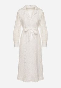 Born2be - Biała Koszulowa Sukienka z Ażurowym Wzorem i Paskiem Tanithiea. Okazja: na co dzień. Typ kołnierza: kołnierzyk klasyczny. Kolor: biały. Materiał: bawełna. Długość rękawa: długi rękaw. Wzór: ażurowy. Typ sukienki: koszulowe. Styl: klasyczny, casual, elegancki #4