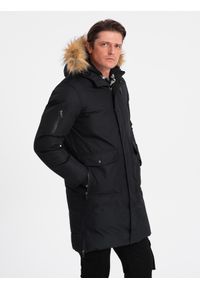 Ombre Clothing - Ocieplana męska kurtka alaska z kieszeniami i rozpinanym dołem – czarna V2 - Rozmiar: M. Typ kołnierza: kaptur. Kolor: czarny. Materiał: syntetyk, materiał. Długość: długie. Wzór: moro. Styl: militarny