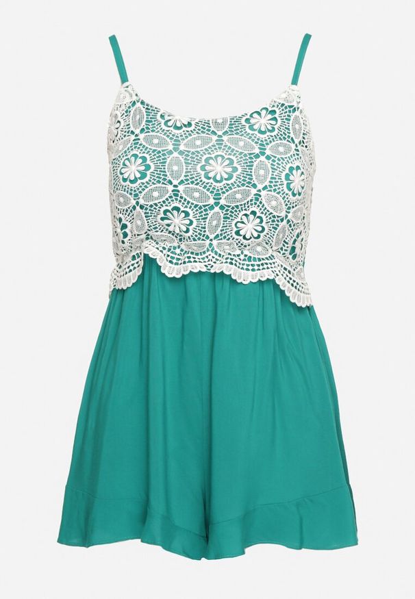 Born2be - Zielony Kombinezon na Cienkich Ramiączkach z Regulacją Ozdobiony Koronką Tiriala. Kolor: zielony. Materiał: koronka. Długość rękawa: na ramiączkach. Wzór: aplikacja, koronka