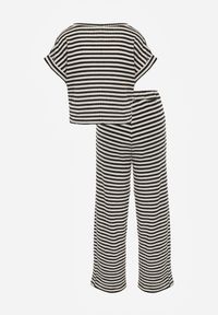 Renee - Beżowo-Czarny Komplet z Dzianiny w Paski z Bawełną Bluzka z Krótkim Rękawem i Spodnie Akiseithe. Kolor: beżowy. Materiał: bawełna, dzianina. Wzór: paski #3