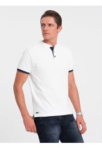 Ombre Clothing - Koszulka męska polo bez kołnierzyka - biała V1 - Rozmiar: L. Typ kołnierza: polo, bez kołnierzyka. Kolor: biały. Materiał: bawełna. Długość: długie