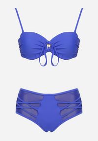 Born2be - Niebieskie Bikini Biustonosz i Majtki Figi z Wysokim Stanem Zdobione Siateczką Kinetia. Stan: podwyższony. Kolor: niebieski. Wzór: aplikacja