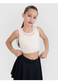 4f - 4F Crop top sportowy szybkoschnący dziewczęcy 4F JUNIOR x Anna Lewandowska - biały 122/128 (6-8 lat). Kolor: biały. Materiał: materiał, włókno, syntetyk, elastan. Wzór: gładki, ze splotem. Sezon: lato. Styl: sportowy