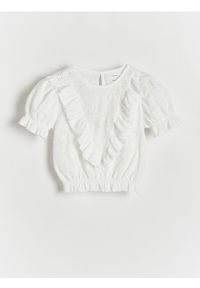 Reserved - Ażurowa bluzka z falbaną - złamana biel. Materiał: dzianina. Wzór: ażurowy