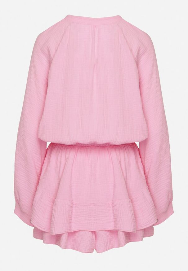 Born2be - Różowy Wiązany Bawełniany Kombinezon Boho z Falbankami i Wiązaniem Lalelia. Okazja: na co dzień, na imprezę. Kolor: różowy. Materiał: bawełna. Sezon: lato. Styl: boho