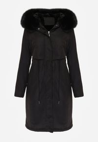 Born2be - Czarna Kurtka za Kolano ze Ściągaczem i Kapturem z Futerkiem Adoresa. Okazja: na co dzień. Kolor: czarny. Materiał: futro. Styl: casual #6