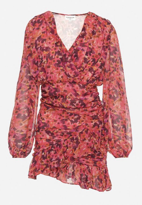 Born2be - Czerwona Dopasowana Sukienka w Kwiaty z Marszczeniem i Falbankami Mirilia. Okazja: na co dzień. Typ kołnierza: kołnierz z falbankami. Kolor: czerwony. Materiał: jeans. Wzór: kwiaty. Styl: casual