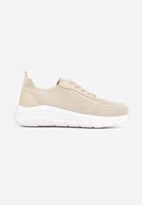 Born2be - Beżowe Dzianinowe Sneakersy na Grubej Podeszwie ze Żłobieniami Enolora. Okazja: na co dzień, na spacer. Kolor: beżowy. Materiał: dzianina. Szerokość cholewki: normalna. Sport: turystyka piesza, fitness #6