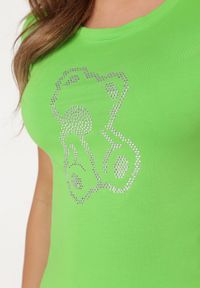 Born2be - Jasnozielony T-shirt Bawełniany Ozdobiony Cyrkoniami Heronia. Okazja: na co dzień. Kolor: zielony. Materiał: bawełna. Długość rękawa: krótki rękaw. Długość: krótkie. Wzór: aplikacja. Styl: casual, sportowy #7
