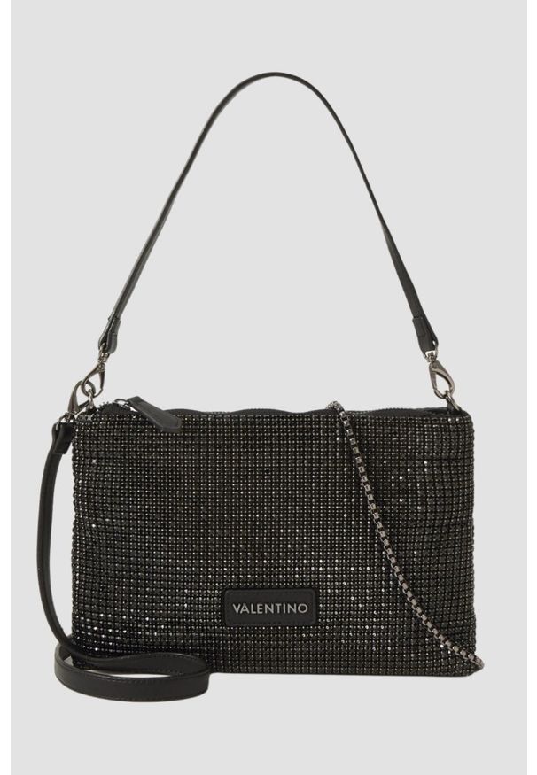 Valentino by Mario Valentino - VALENTINO Czarna damska torebka z cyrkoniami Nabilah Pochette. Kolor: czarny. Wzór: paski, aplikacja