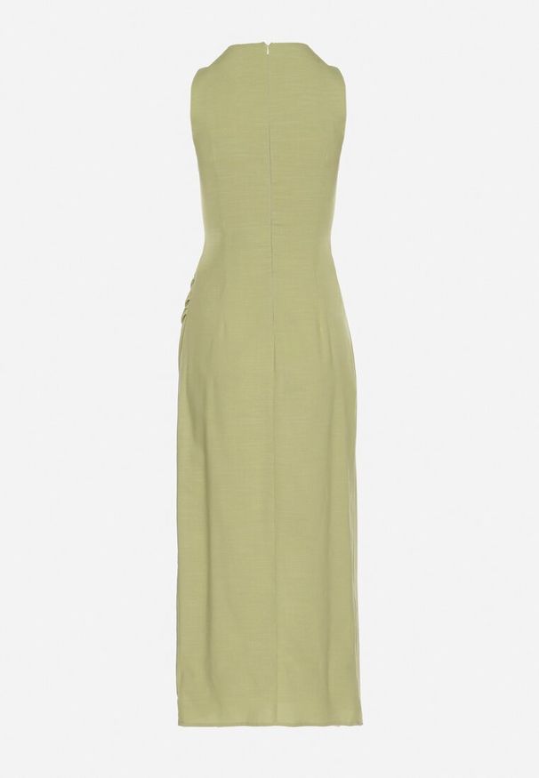 Born2be - Zielona Sukienka Dopasowana z Bawełną i Wiskozą z Rozcięciem Turilia. Okazja: na co dzień. Kolor: zielony. Materiał: wiskoza, bawełna. Typ sukienki: dopasowane. Styl: elegancki, casual, klasyczny. Długość: midi