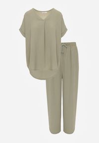 Renee - Zielony Komplet Bluzka i Luźne Spodnie z Wiskozą i Kieszonkami Efraria. Kolor: zielony. Materiał: wiskoza. Wzór: aplikacja #5