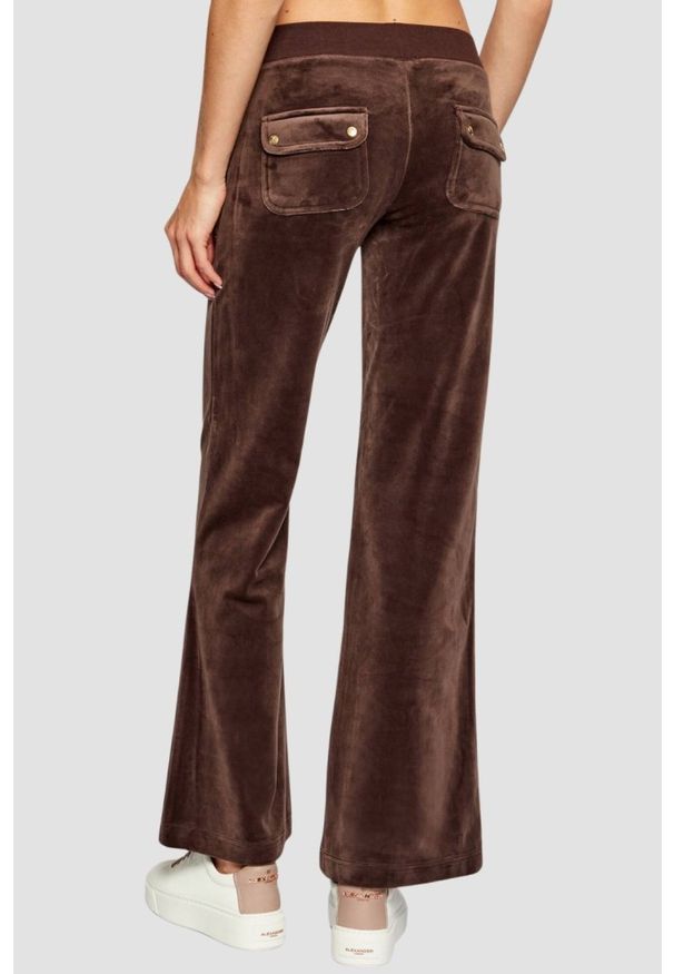 Juicy Couture - JUICY COUTURE Czekoladowe spodnie dresowe damskie Layla Low Rise, Rozmiar XS. Stan: obniżony. Kolor: brązowy. Materiał: dresówka