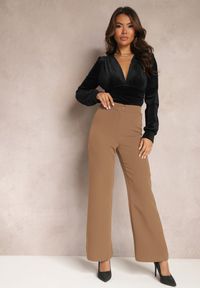 Renee - Brązowe Szerokie Spodnie Materiałowe High Waist Dinnes. Stan: podwyższony. Kolor: brązowy. Materiał: materiał. Wzór: gładki #2