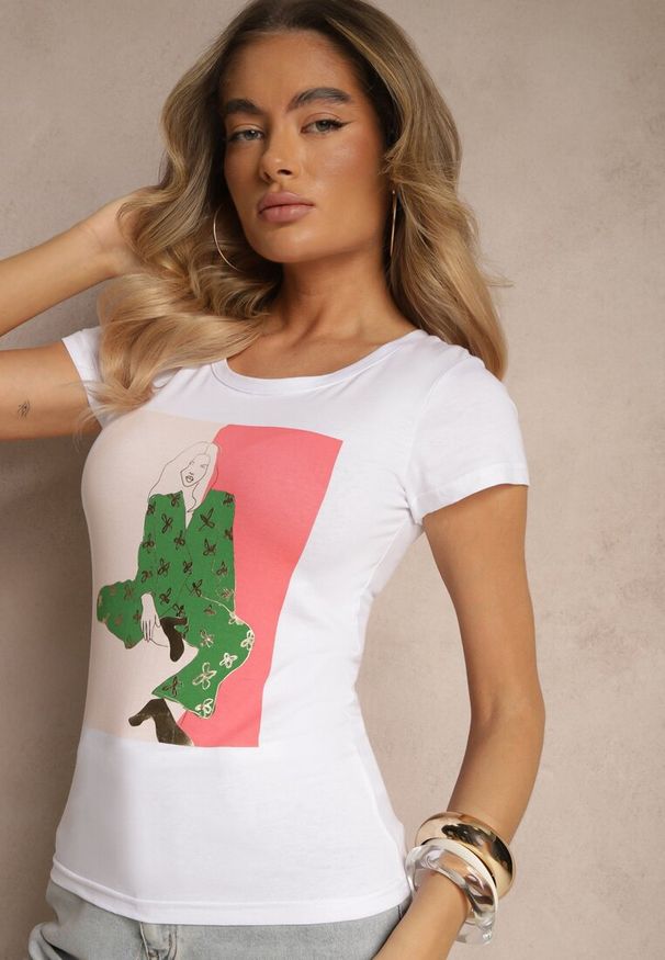 Renee - Biały T-shirt z Bawełny Zdobiony Nadrukiem Aizana. Okazja: na co dzień. Kolor: biały. Materiał: bawełna. Wzór: aplikacja, nadruk. Styl: casual