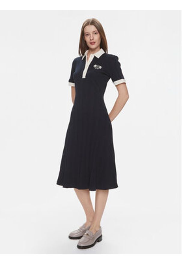 TOMMY HILFIGER - Tommy Hilfiger Sukienka dzianinowa F&F Crest 85 Polo Dress Rib WW0WW40617 Granatowy Regular Fit. Typ kołnierza: polo. Kolor: niebieski. Materiał: bawełna