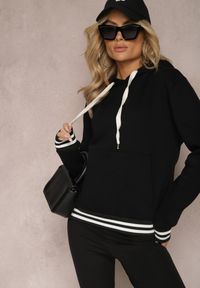Renee - Czarna Bluza Kangurka z Bawełny ze Ściągaczami w Paski i Kapturem Gaiana. Typ kołnierza: kaptur. Kolor: czarny. Materiał: bawełna. Długość rękawa: długi rękaw. Długość: długie. Wzór: paski #4