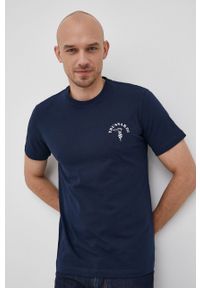 Trussardi Jeans - Trussardi T-shirt bawełniany kolor granatowy z nadrukiem. Okazja: na co dzień. Kolor: niebieski. Materiał: bawełna. Wzór: nadruk. Styl: casual