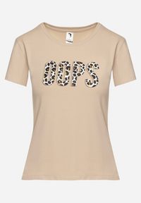 Born2be - Ciemnobeżowy Bawełniany T-shirt z Nadrukiem Asix. Kolor: beżowy. Materiał: bawełna. Wzór: nadruk. Styl: klasyczny